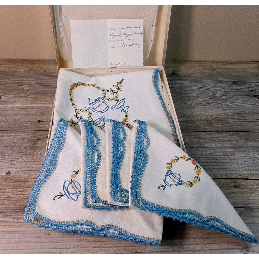 Vintage Hand Embroidered Tea Napkins Tablecloth Set Blue Teapot Floral 1967 Box